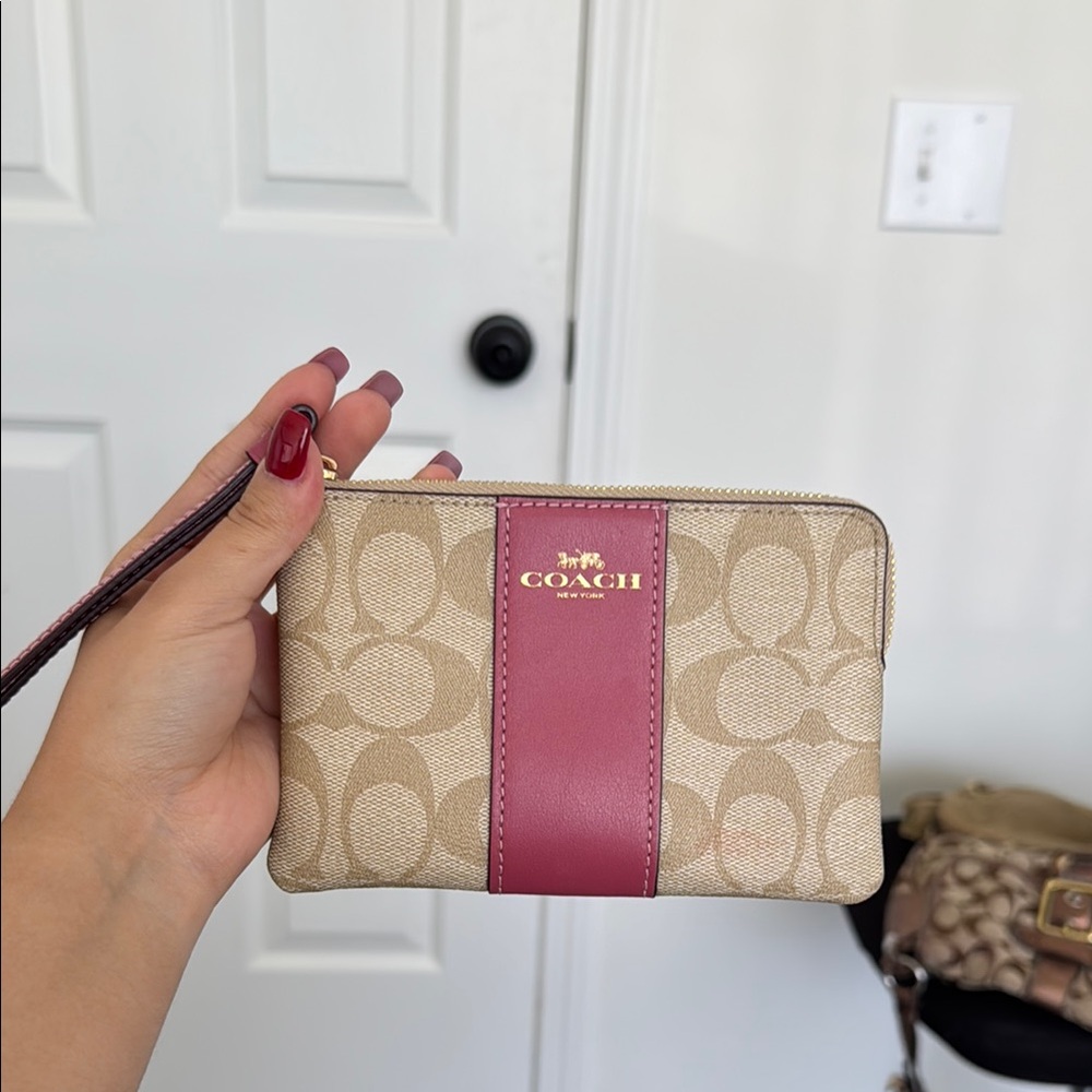Coach Beige and Burgundy Wristlet